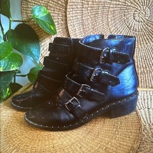 Black Leather Buckle Ankle Boots
